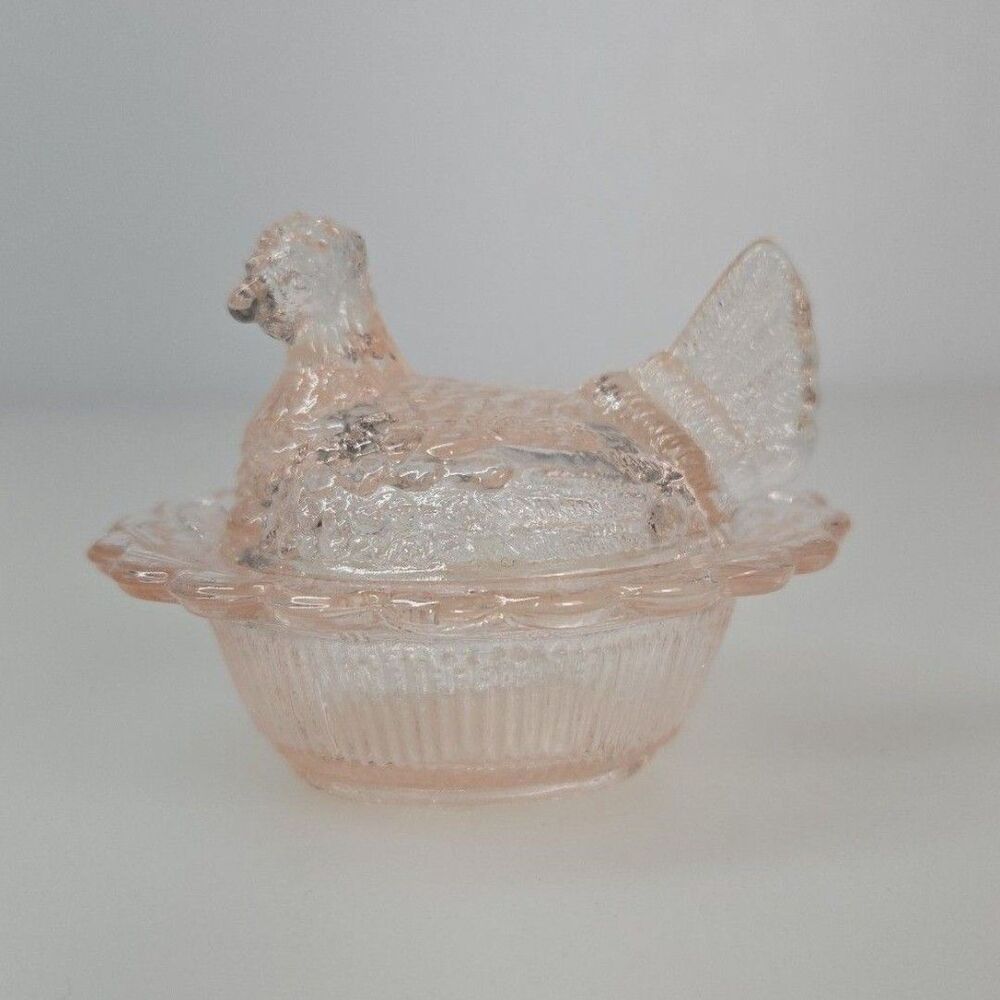 Vintage Mosser Glass Mini Hen on Nest Light Pink Salt Cellar Chicken Miniature